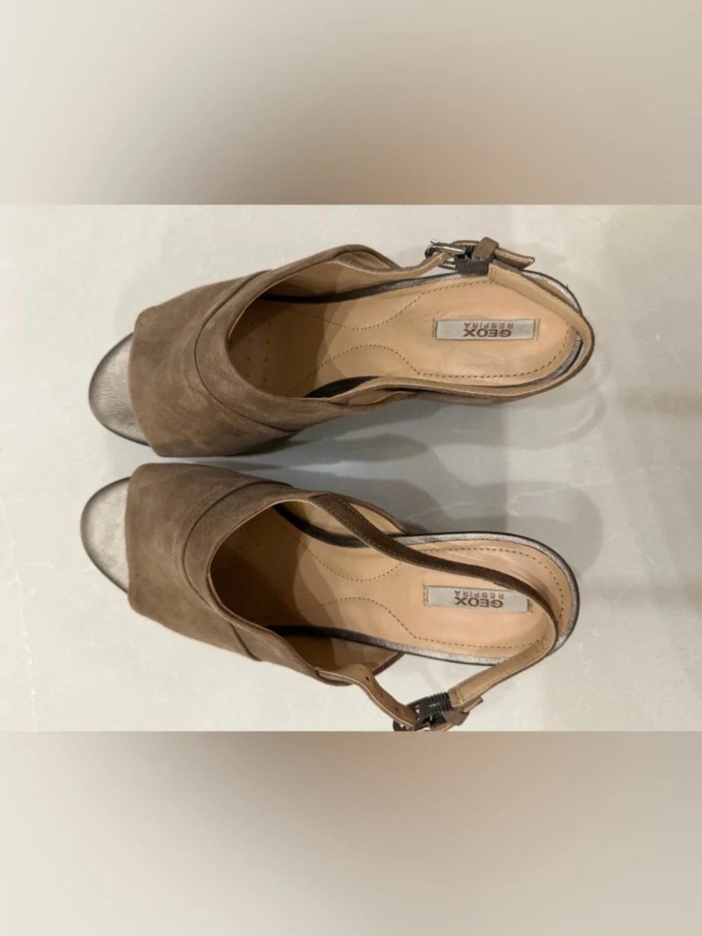 Geox Respira Light Brown Suede Wedge Slingback Sandals, eur 39